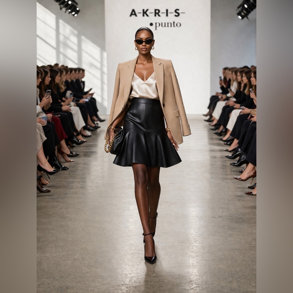 Akris Punto Vegan Leather Flounce Skirt NWT Black Size 8